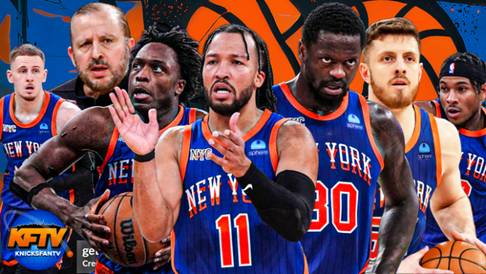 New Yotk Knicks' Donte DiiVincenzo, Coach Tom Thiodeau, OG Anunoby, Jalen Btunson, Julius Randle, and Isaiah Hartenstein